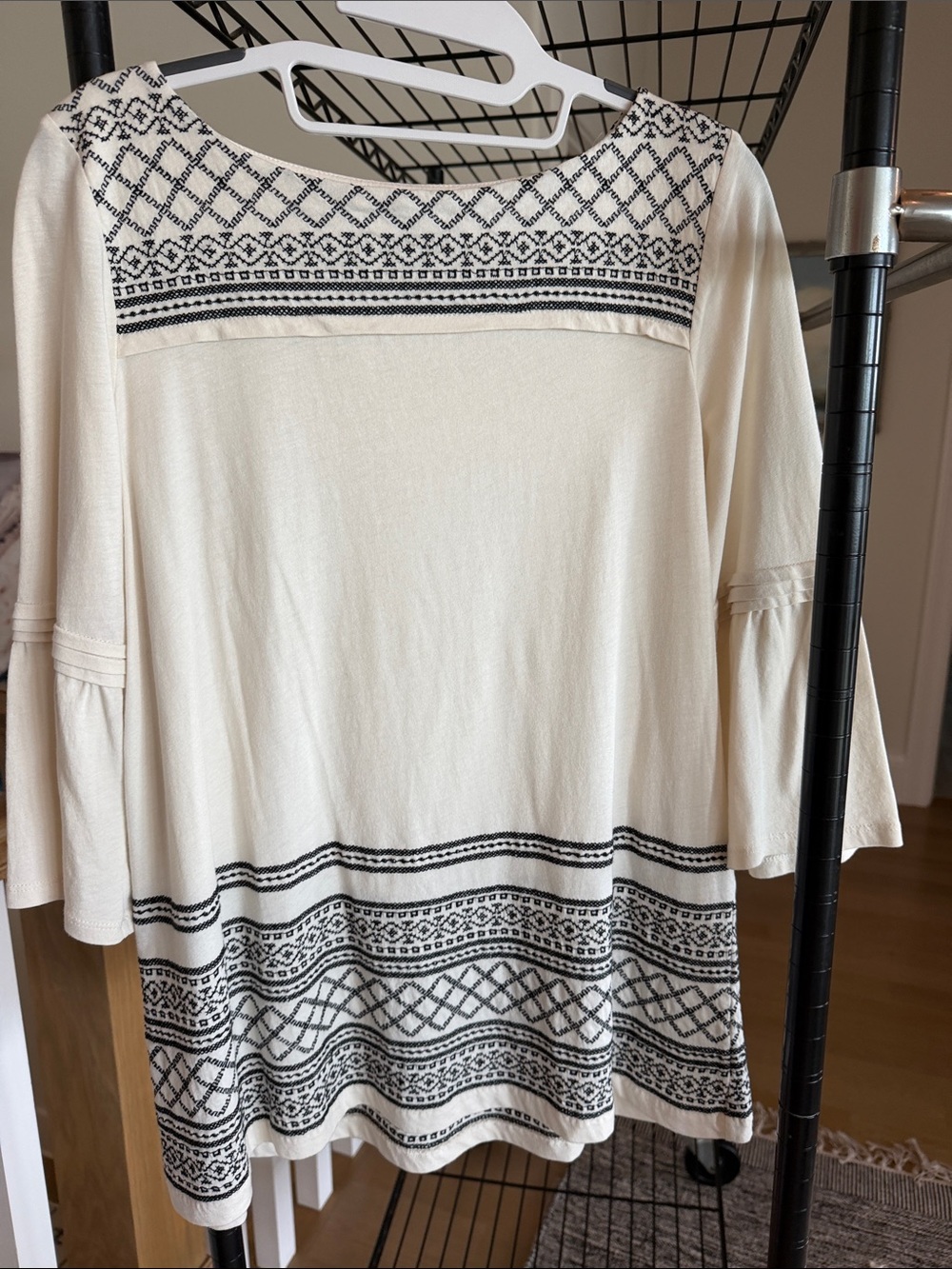 J. Jill Cream Tunic Top with Black Geometric Embroidery